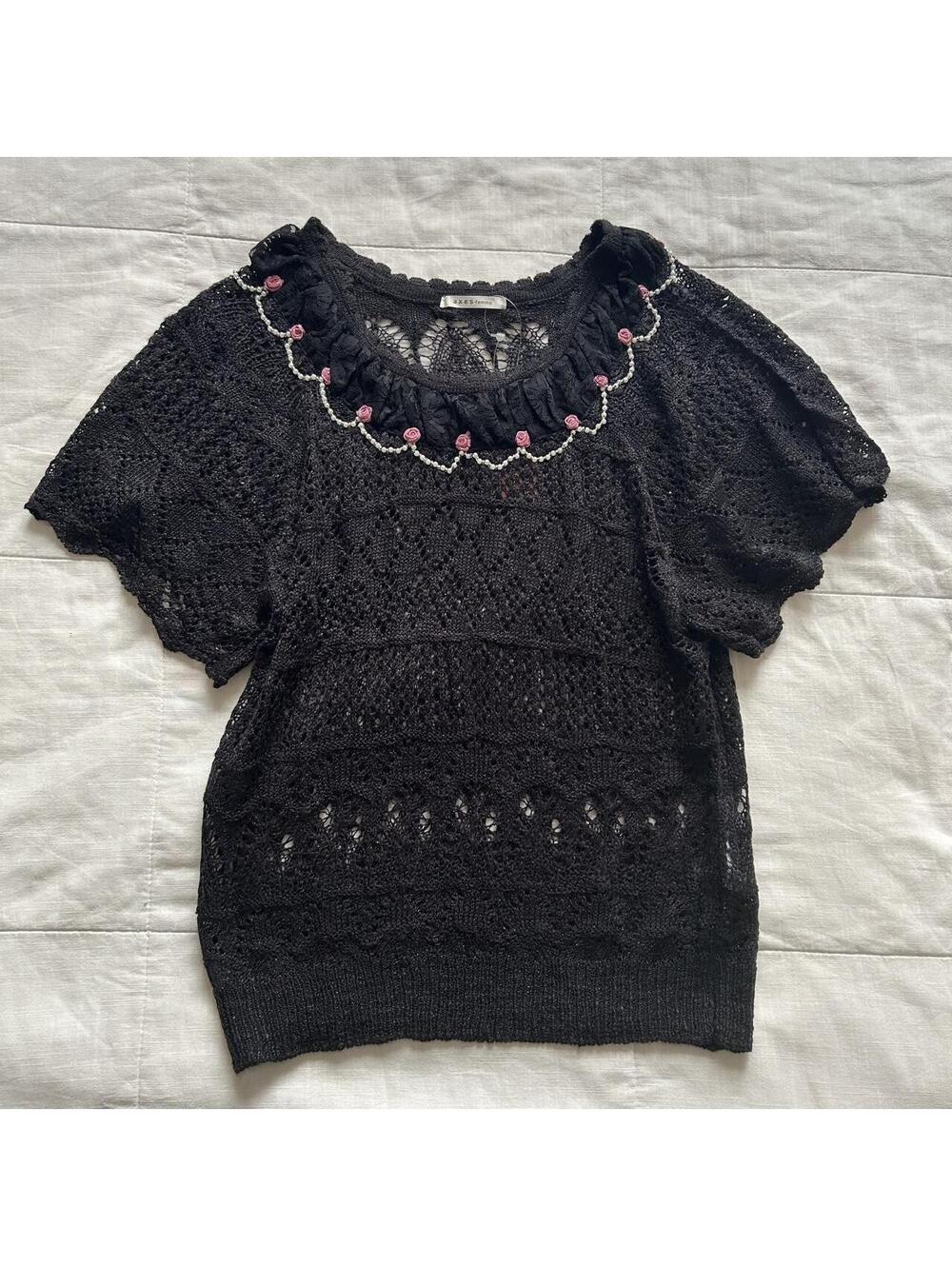 Axes Femme Black Open Knit Rosette Pearl Gothic Lolita Top NWT Size M